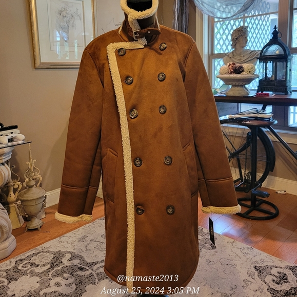 Guess Mens Double-Breasted Faux Shearling Long Coat Faux Suede Faux Fur #678 - Picture 6 of 16